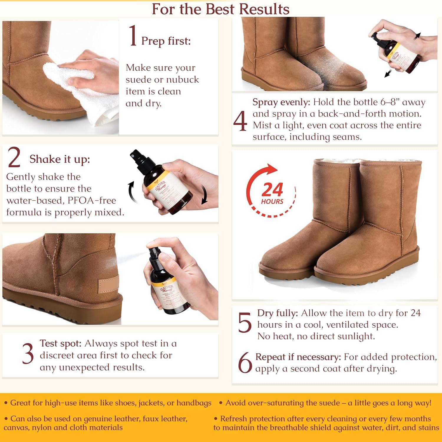 imageLeather Honey Suede Protector Spray NonToxic Nonaerosol Water and Stain Repellent Protect Suede ampamp Nubuck Shoes Uggs Boots Furniture Jackets Bags ampamp Apparel 4oz