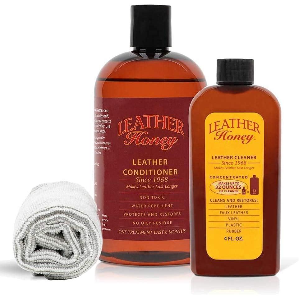imageLeather Honey Complete Leather Care Kit Including 4 oz Cleaner 16 oz Conditioner and 2 Applicator Cloths for use on Leather Apparel Furniture Auto Interiors Shoes Bags and Accessories