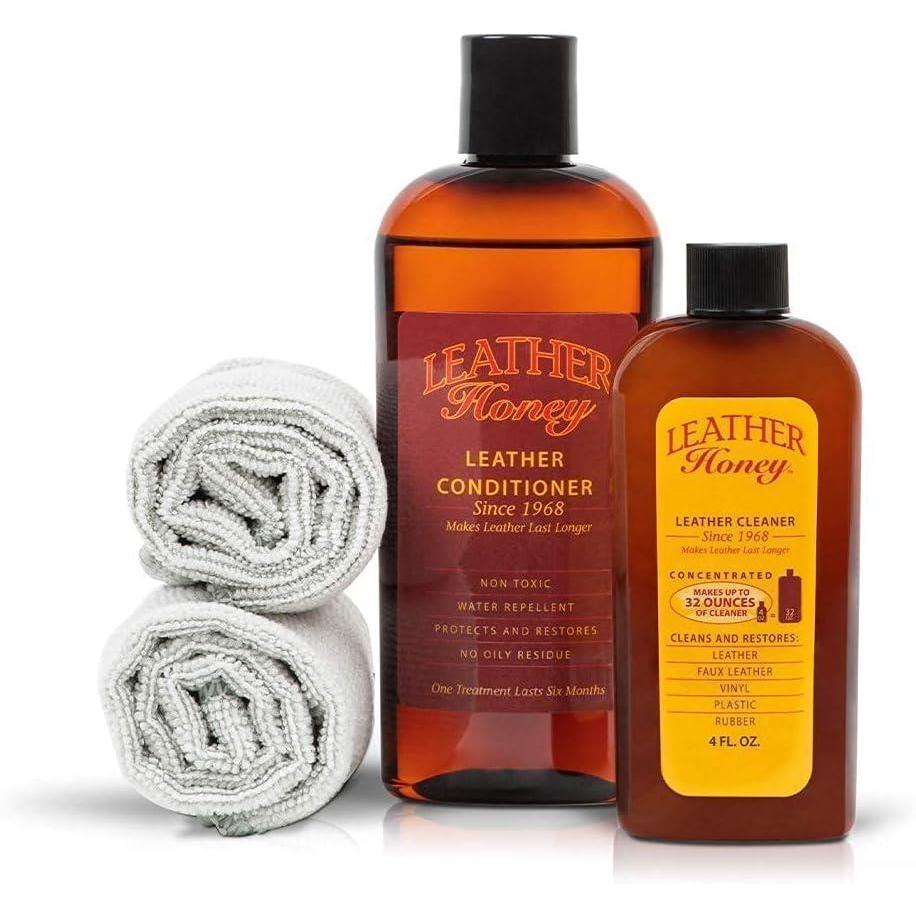 imageLeather Honey Complete Leather Care Kit Including 4 oz Cleaner 8 oz Conditioner and 2 Applicator Cloths for use on Leather Apparel Furniture Auto Interiors Shoes Bags and Accessories