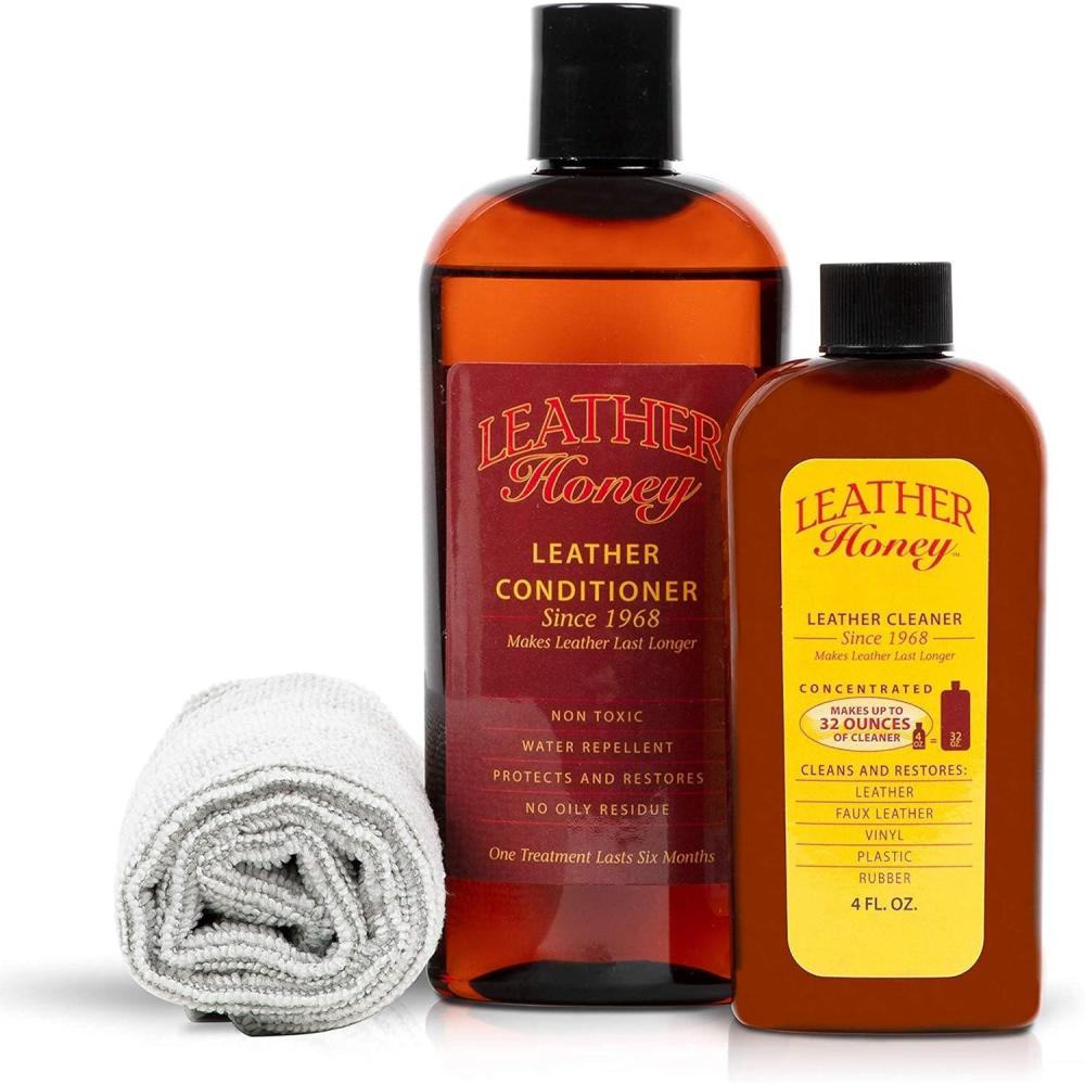 imageLeather Honey Complete Leather Care Kit Including 4 oz Cleaner 8 oz Conditioner and Applicator Cloth for use on Leather Apparel Furniture Auto Interiors Shoes Bags and Accessories